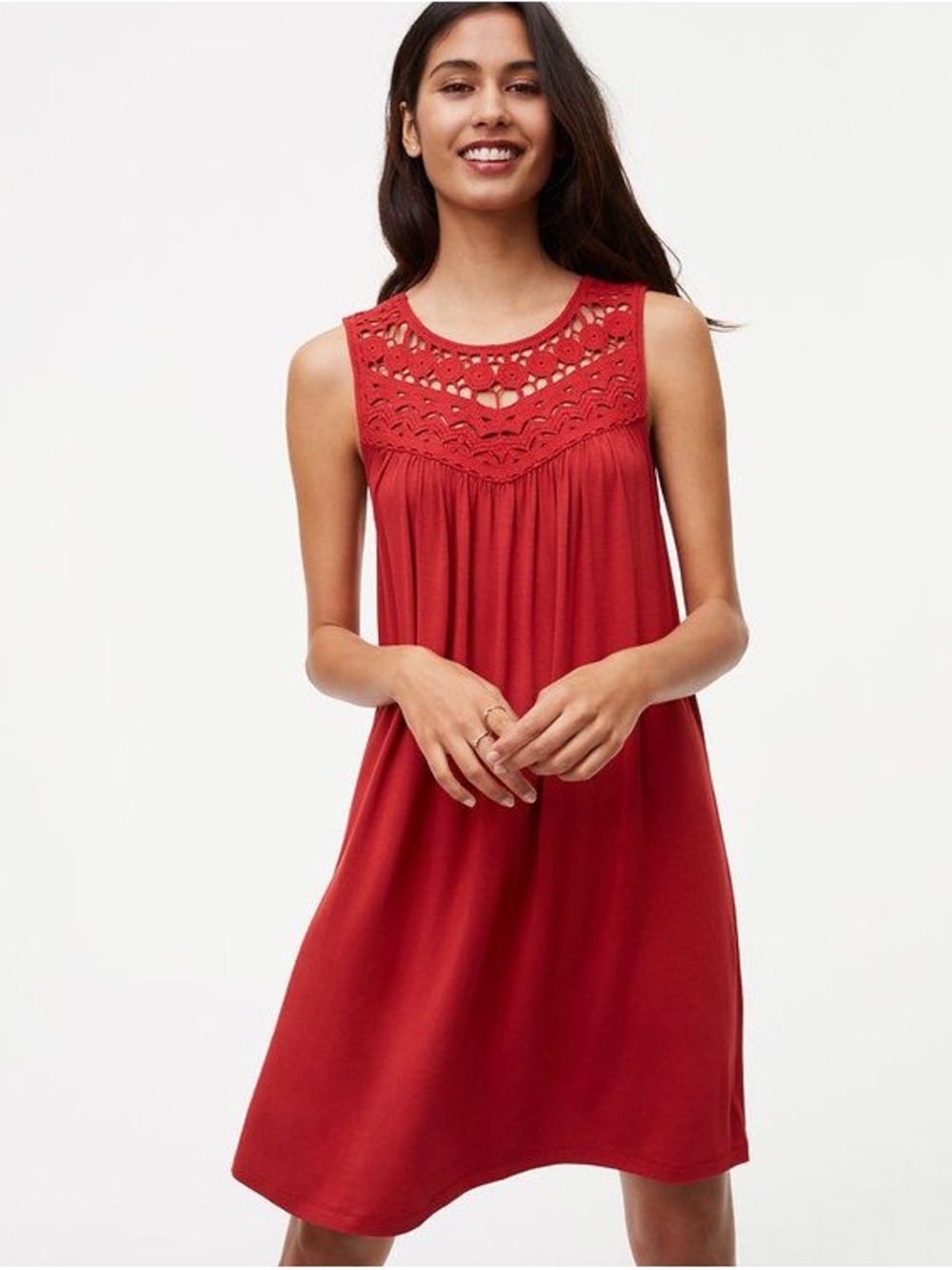LOFT Sleeveless Crochet Yoke Red Swing Dress